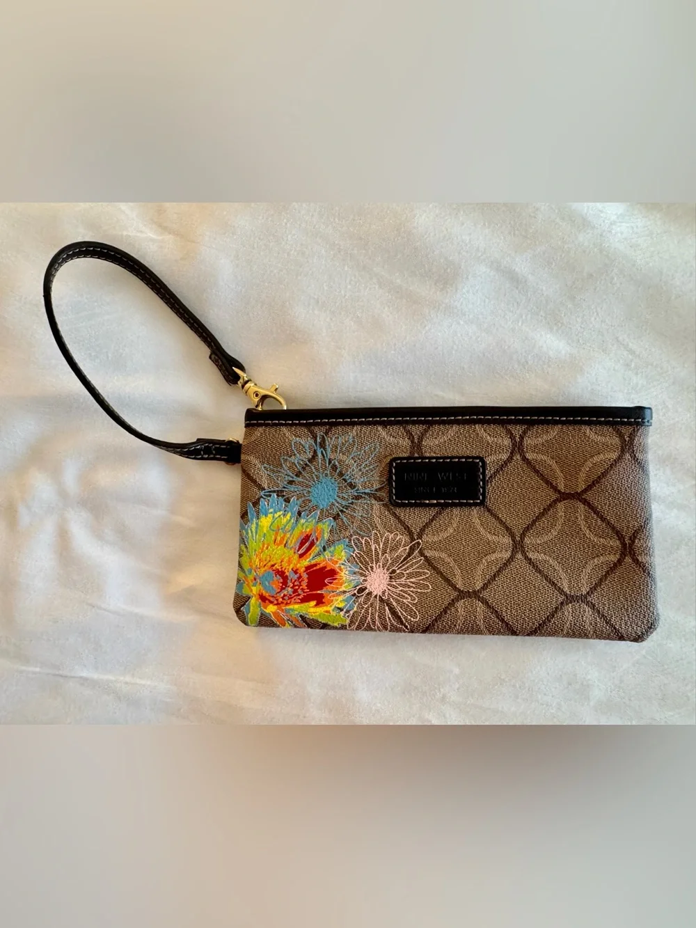 Nine West Brown Monogram Wristlet with Multicolor Floral Detail